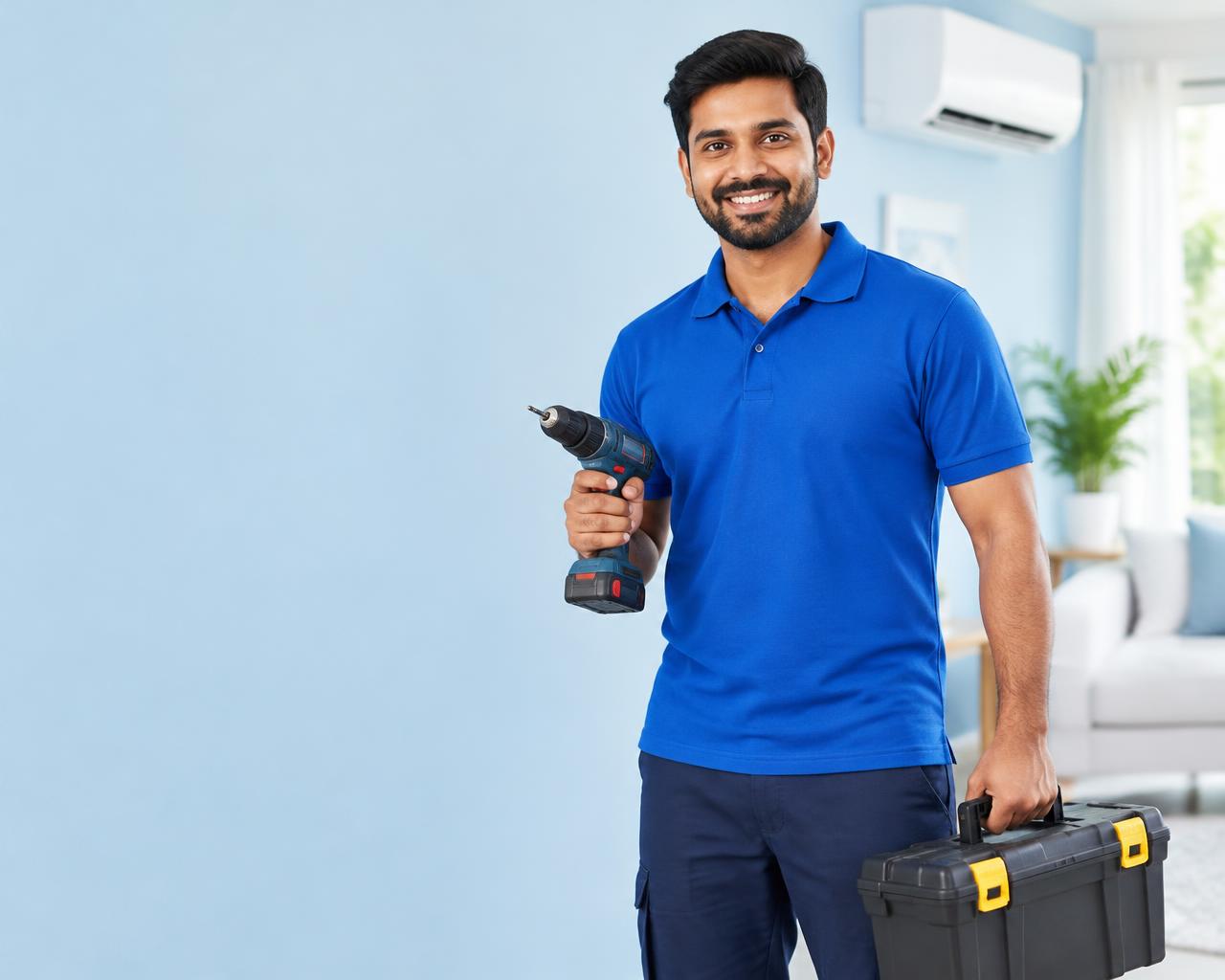 Illustrative home service technician with tools — placeholder photograph